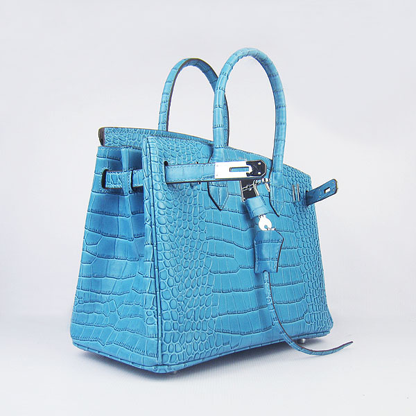 Replica Hermes Birkin 30CM Crocodile Veins Bag Blue 6088 On Sale